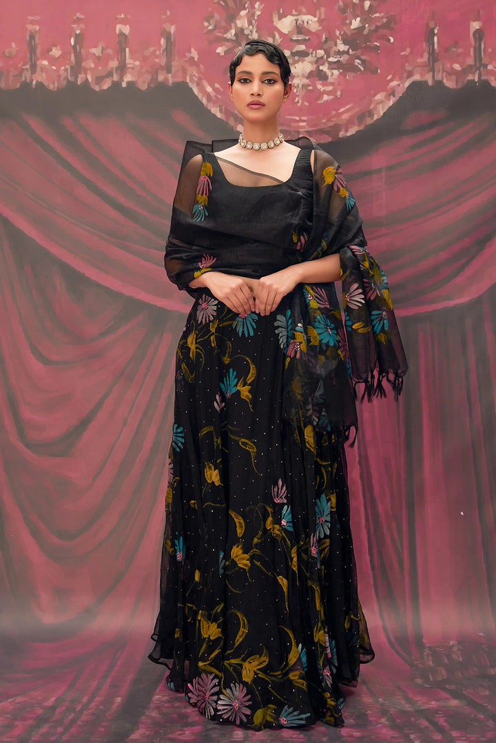 Ethereal Black Hand-Painted Chiffon Lehenga Set