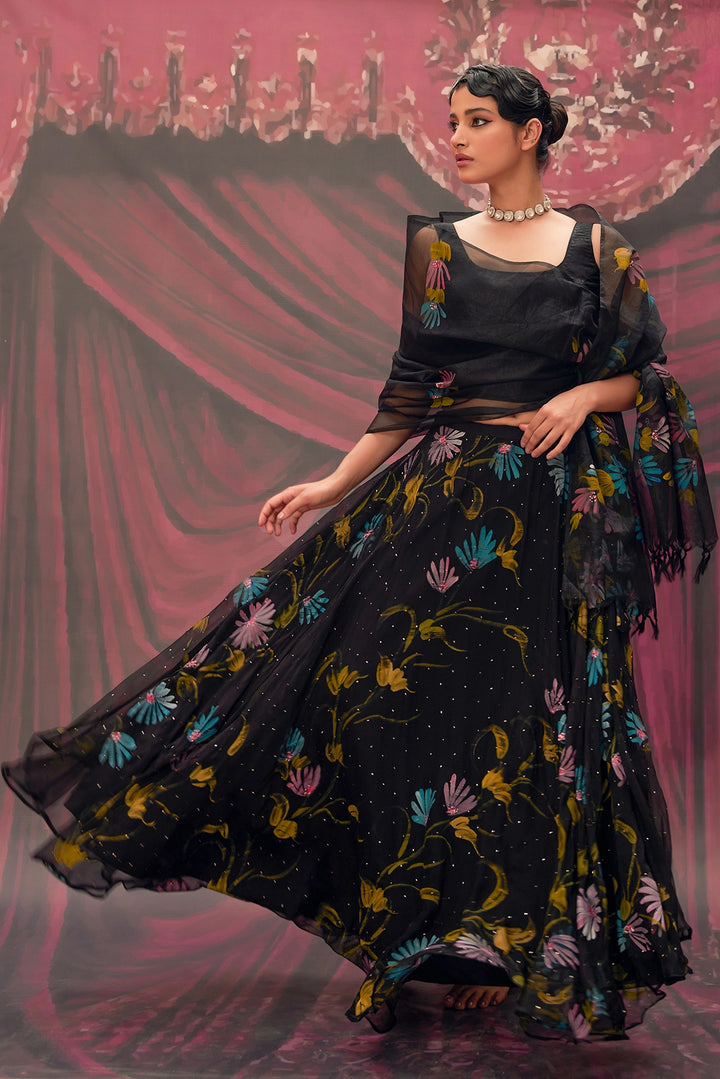 Ethereal Black Hand-Painted Chiffon Lehenga Set