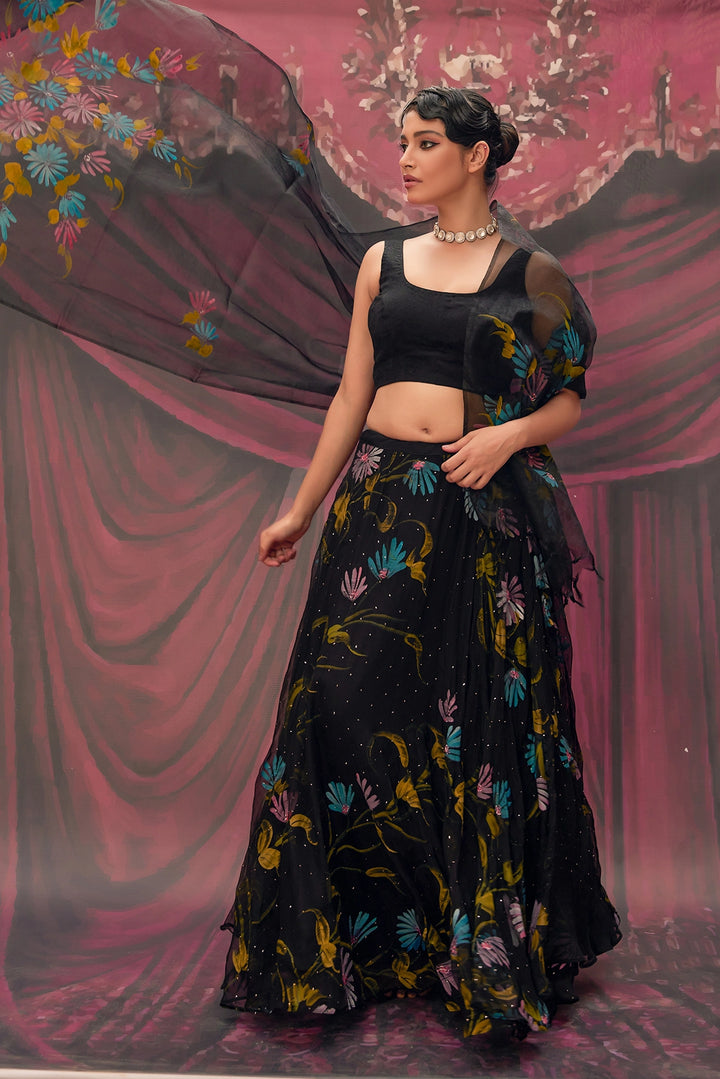 Ethereal Black Hand-Painted Chiffon Lehenga Set