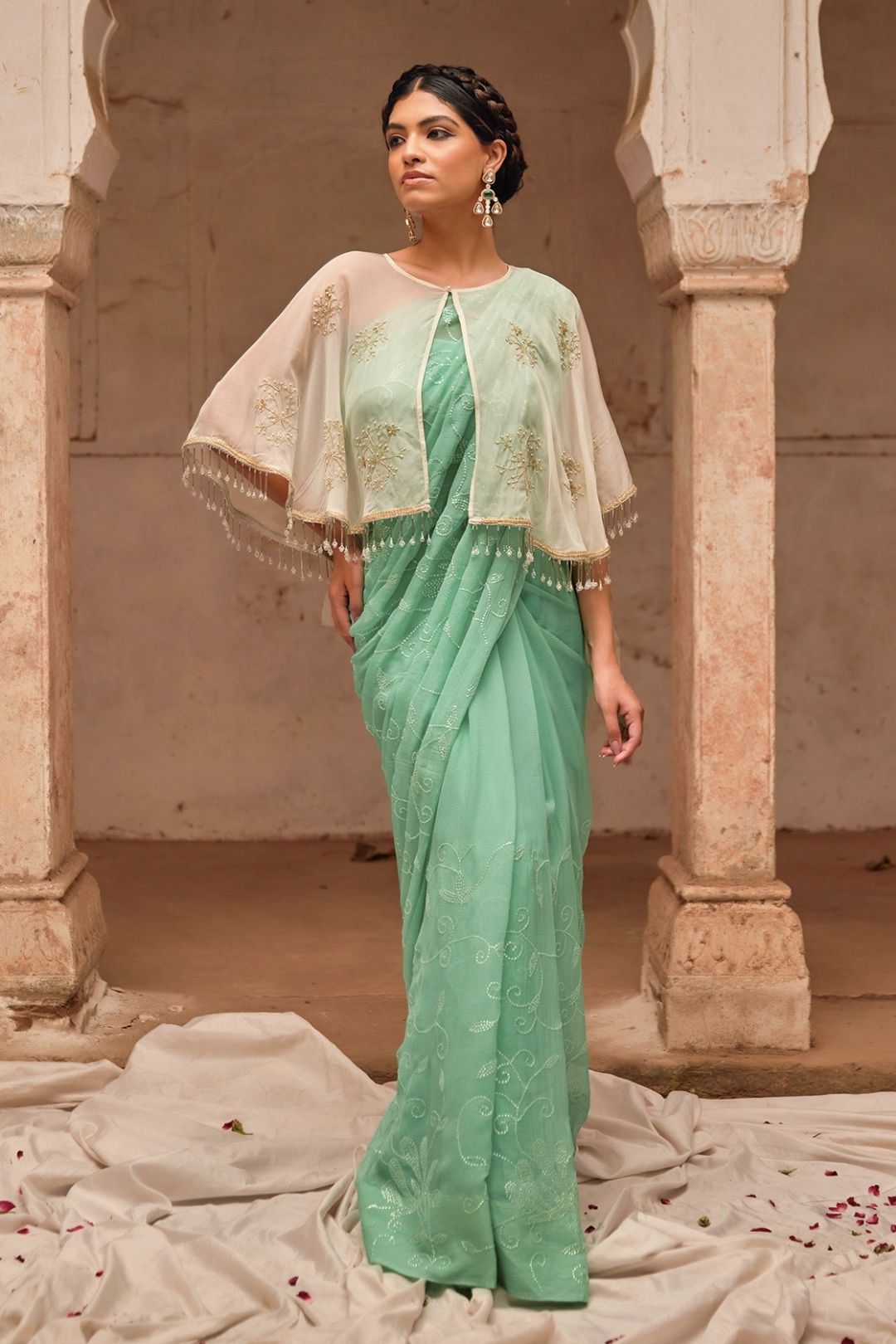 Sea Green Hand Embroidered Chiffon Saree Set With Off White Cape