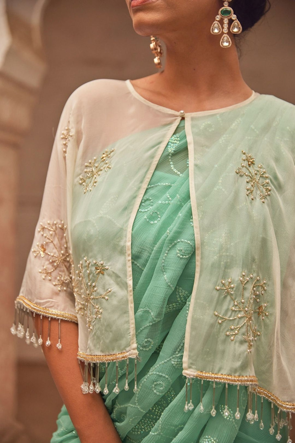 Sea Green Hand Embroidered Chiffon Saree Set With Off White Cape