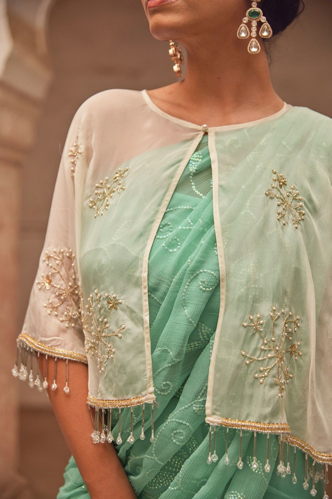 Sea Green Hand Embroidered Chiffon Saree Set With Off White Cape