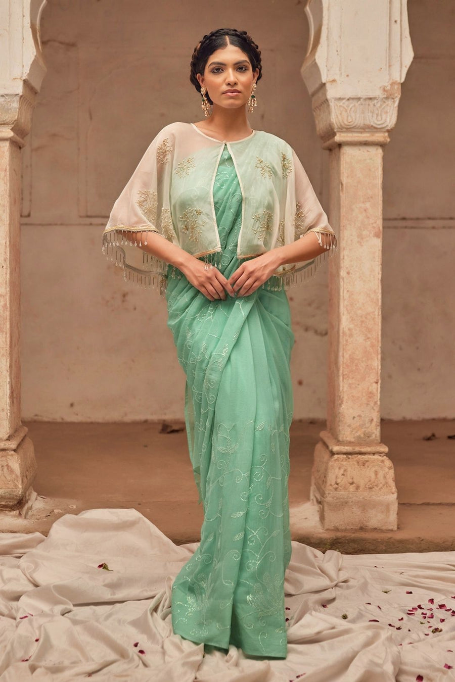 Sea Green Hand Embroidered Chiffon Saree Set With Off White Cape
