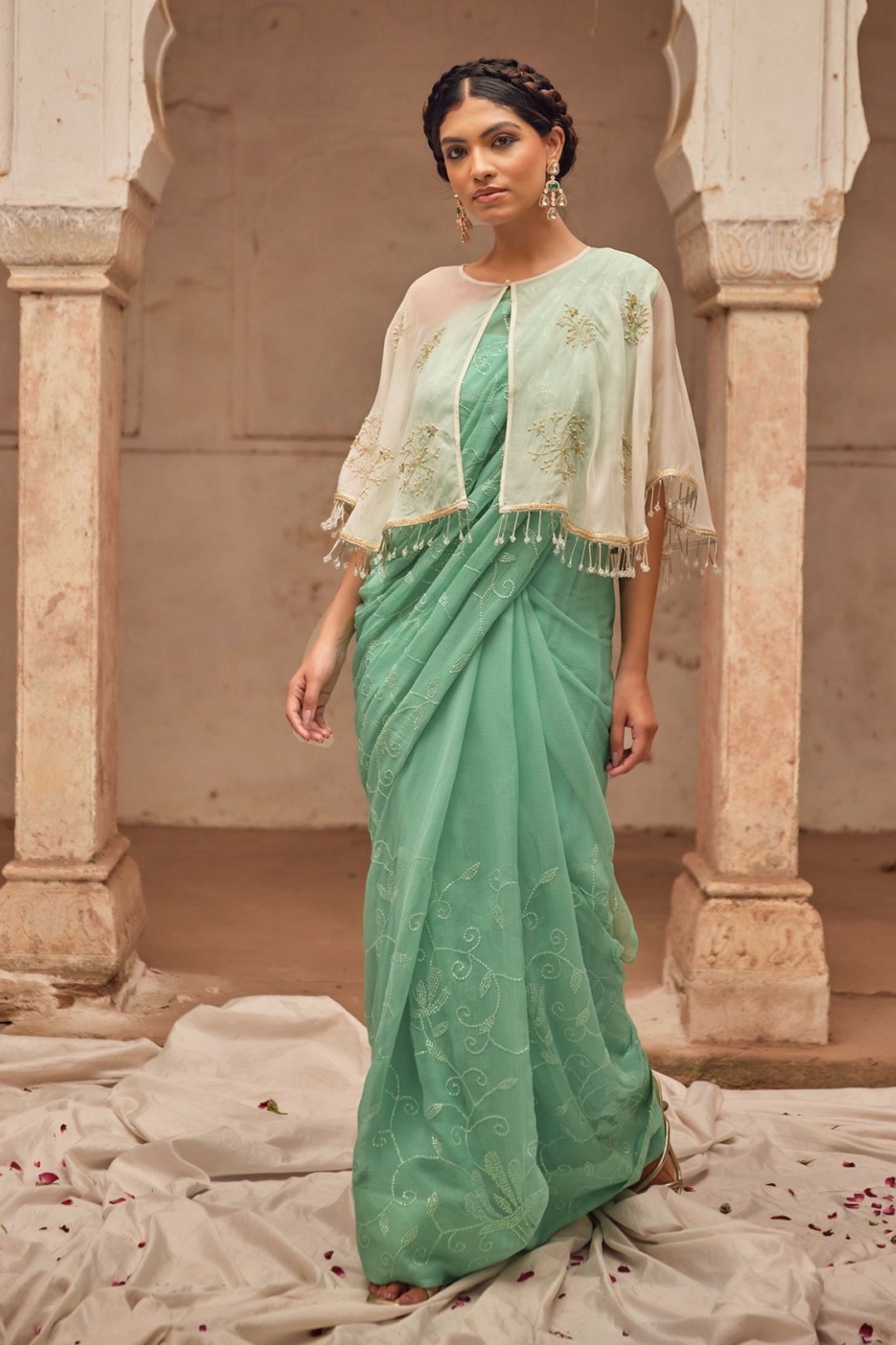 Sea Green Hand Embroidered Chiffon Saree Set With Off White Cape