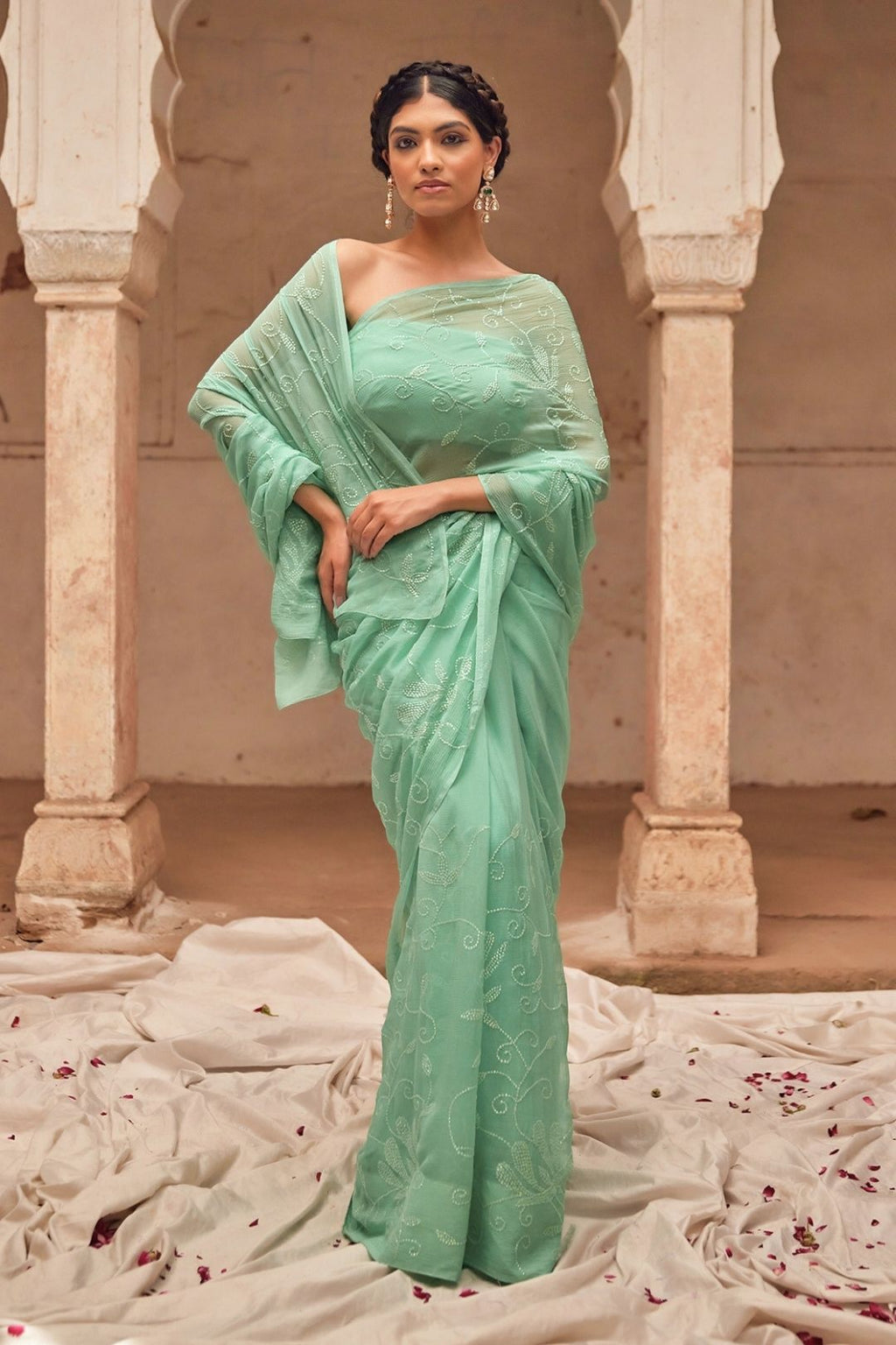 Sea Green Hand Embroidered Chiffon Saree Set With Off White Cape