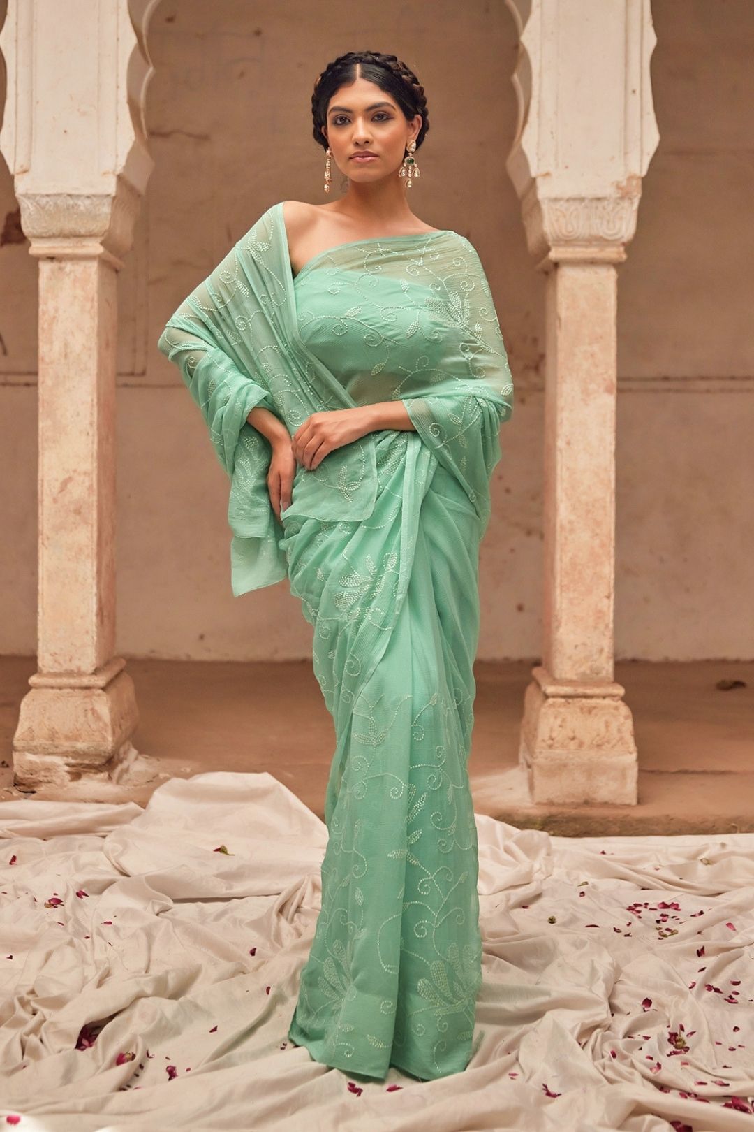 Sea Green Hand Embroidered Chiffon Saree Set With Off White Cape