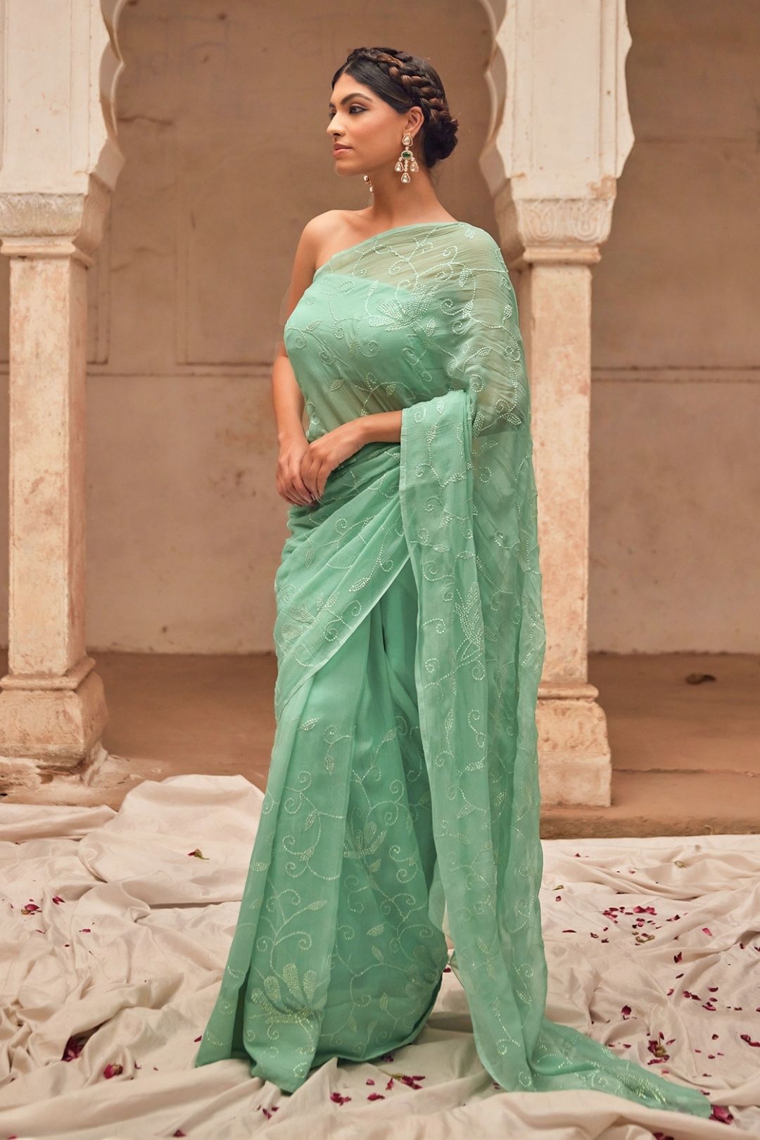 Sea Green Hand Embroidered Chiffon Saree Set With Off White Cape