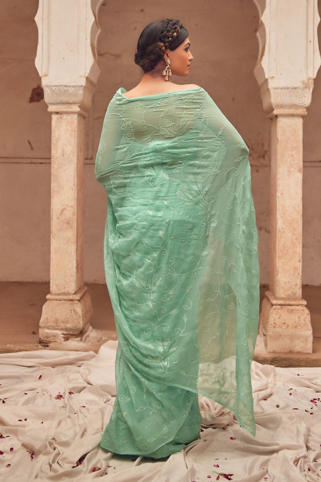 Sea Green Hand Embroidered Chiffon Saree Set With Off White Cape