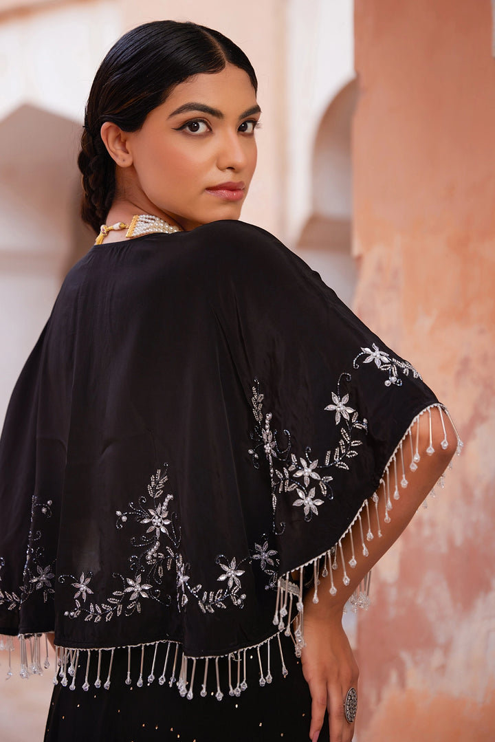 Black Chiffon Mukaish Lehenga with White Hand Embroidered Cape