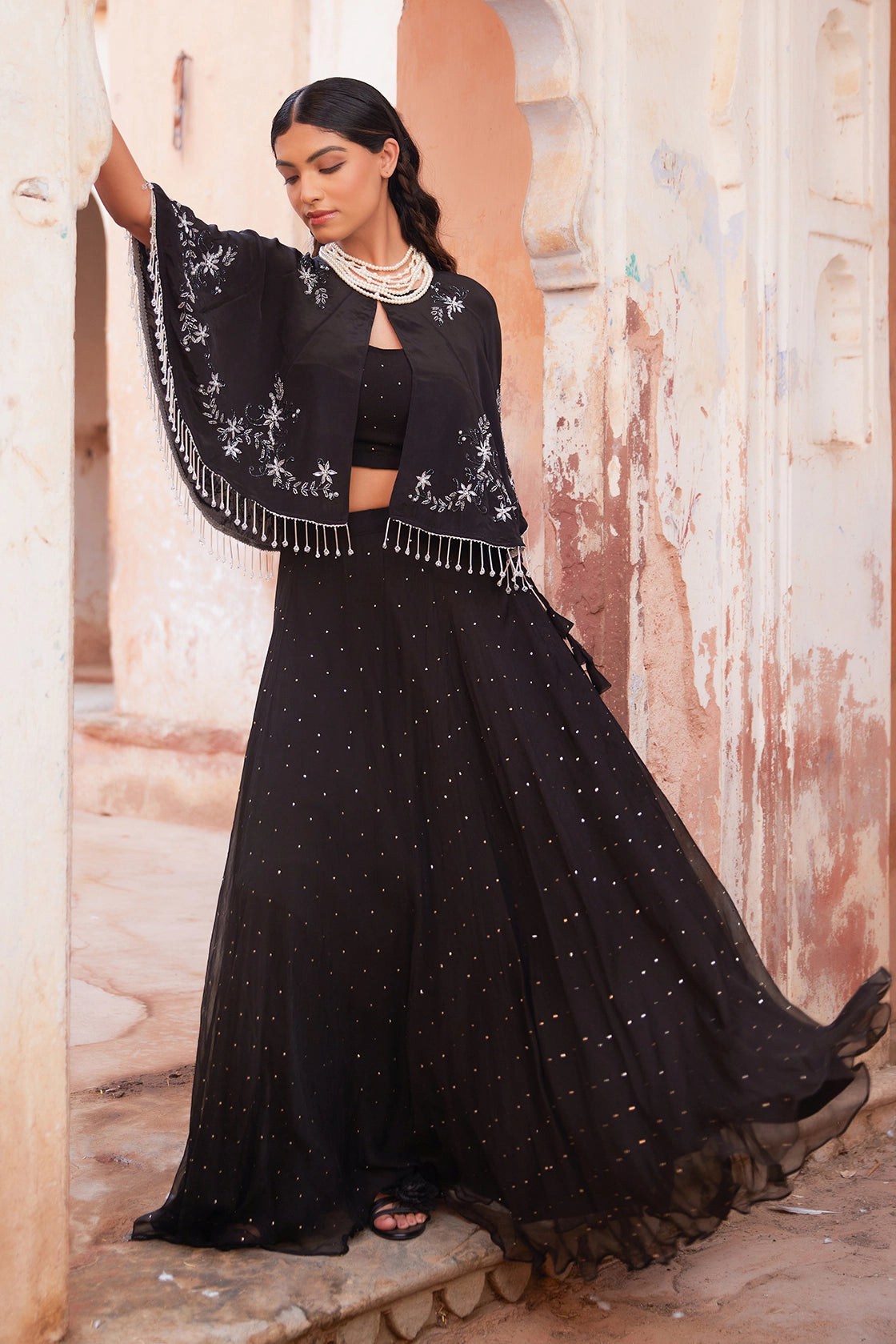 Black Chiffon Mukaish Lehenga with White Hand Embroidered Cape