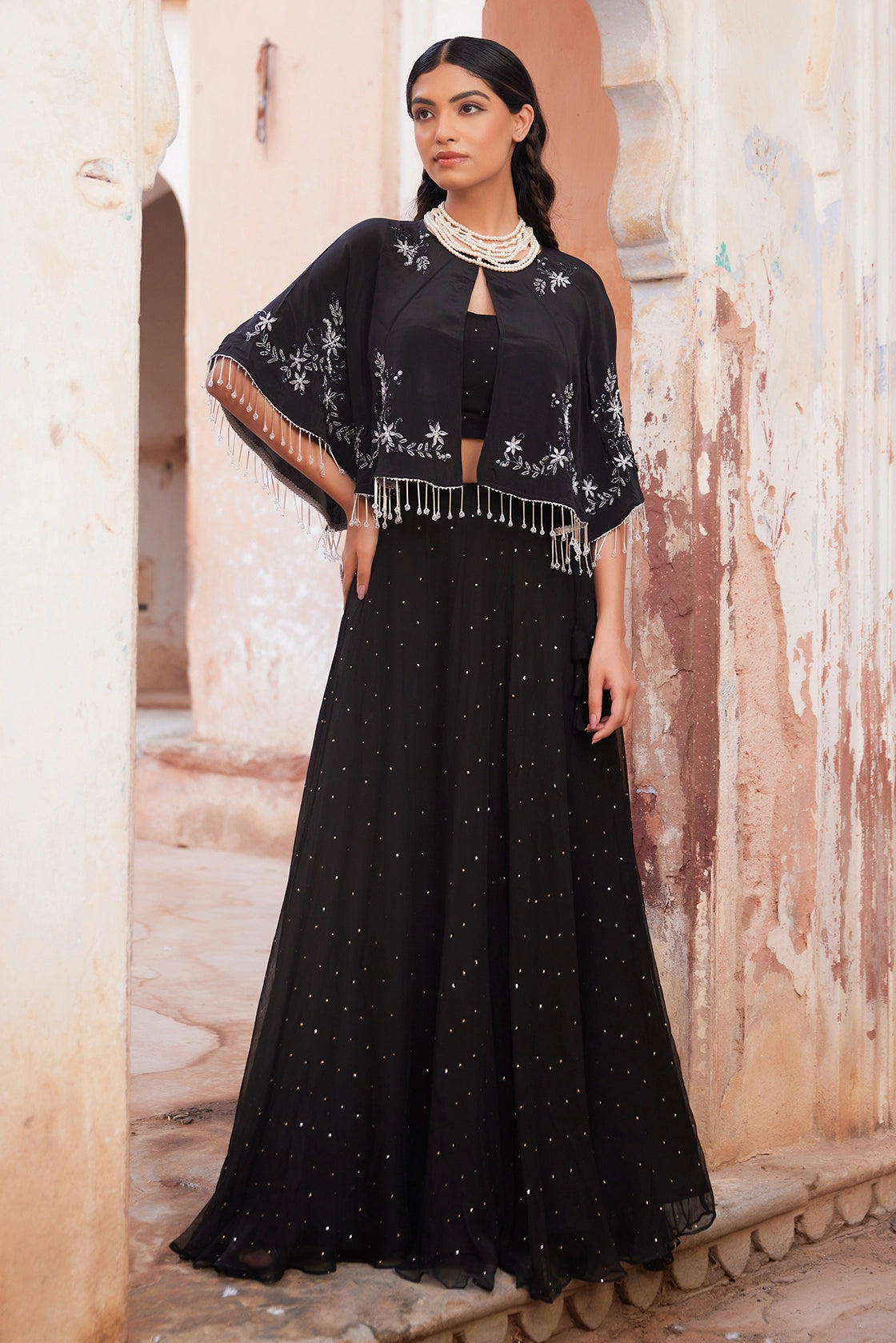 Black Chiffon Mukaish Lehenga Set With Black Hand Embroidered Cape