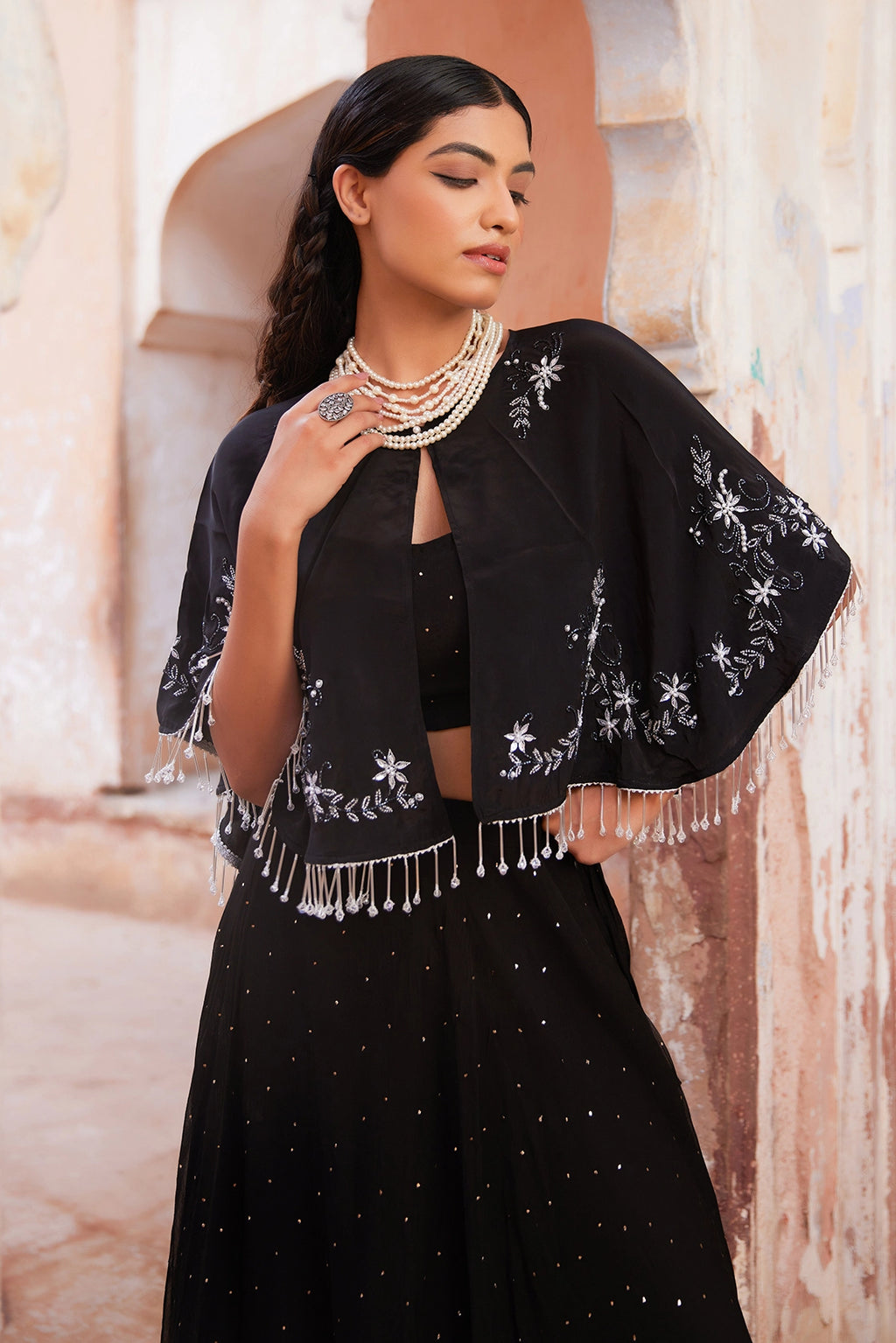 Black Chiffon Mukaish Lehenga with White Hand Embroidered Cape