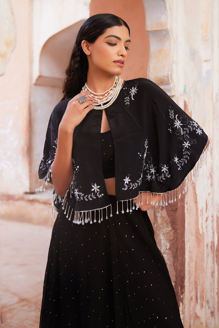 Black Chiffon Mukaish Lehenga with White Hand Embroidered Cape