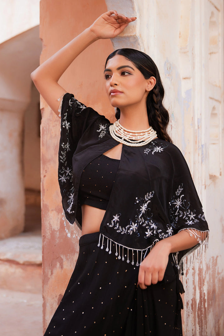 Black Chiffon Mukaish Lehenga with White Hand Embroidered Cape