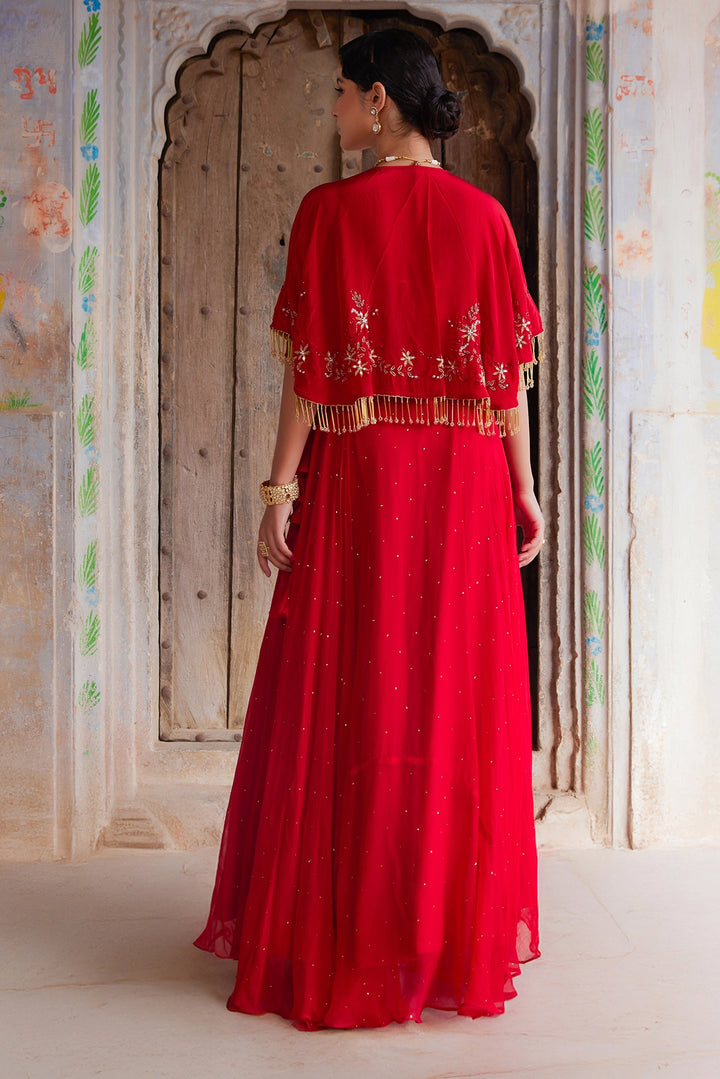 Red Chiffon Mukaish Lehenga with White Hand Embroidered Cape