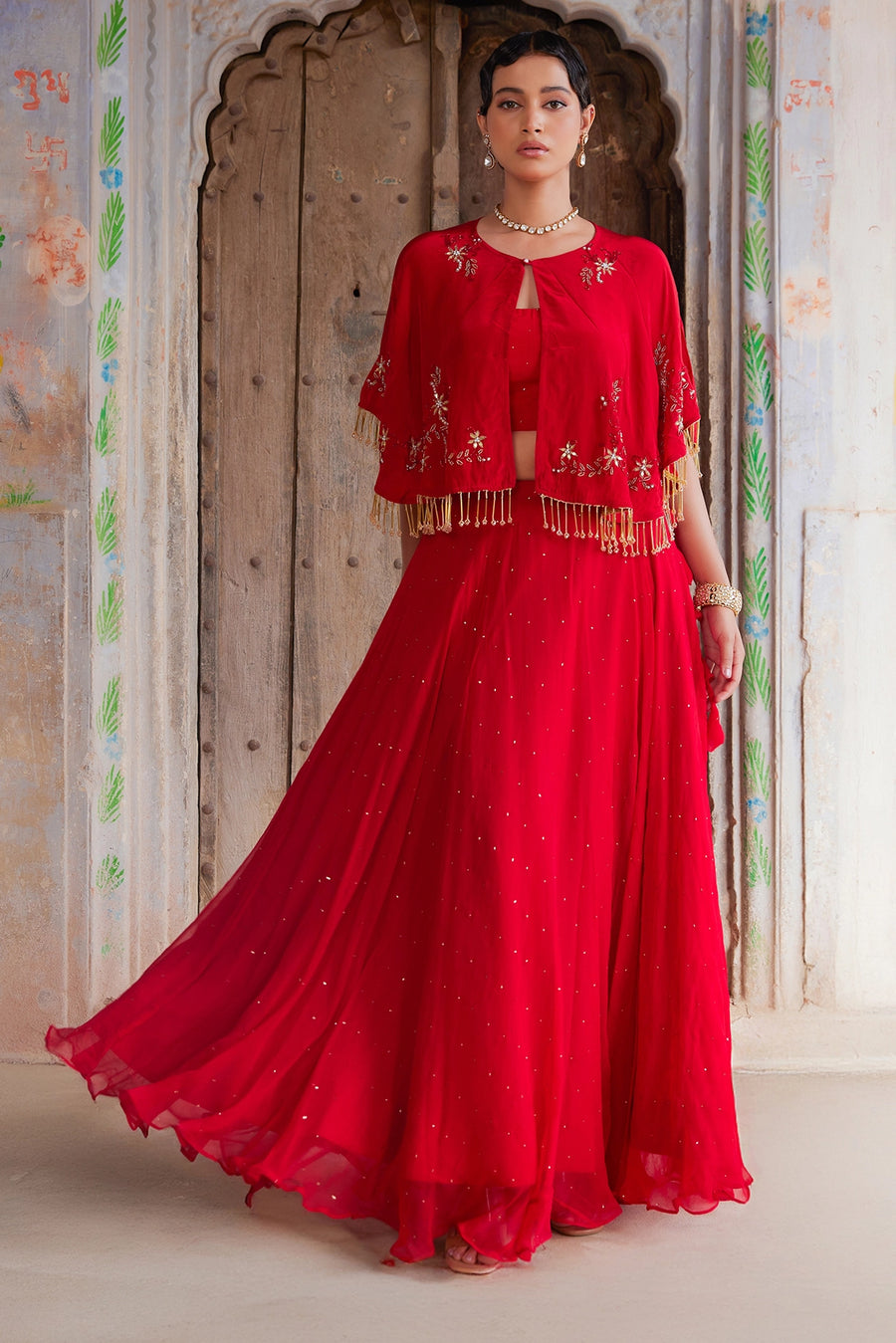 Red Chiffon Mukaish Lehenga  Set With White Hand Embroidered Cape