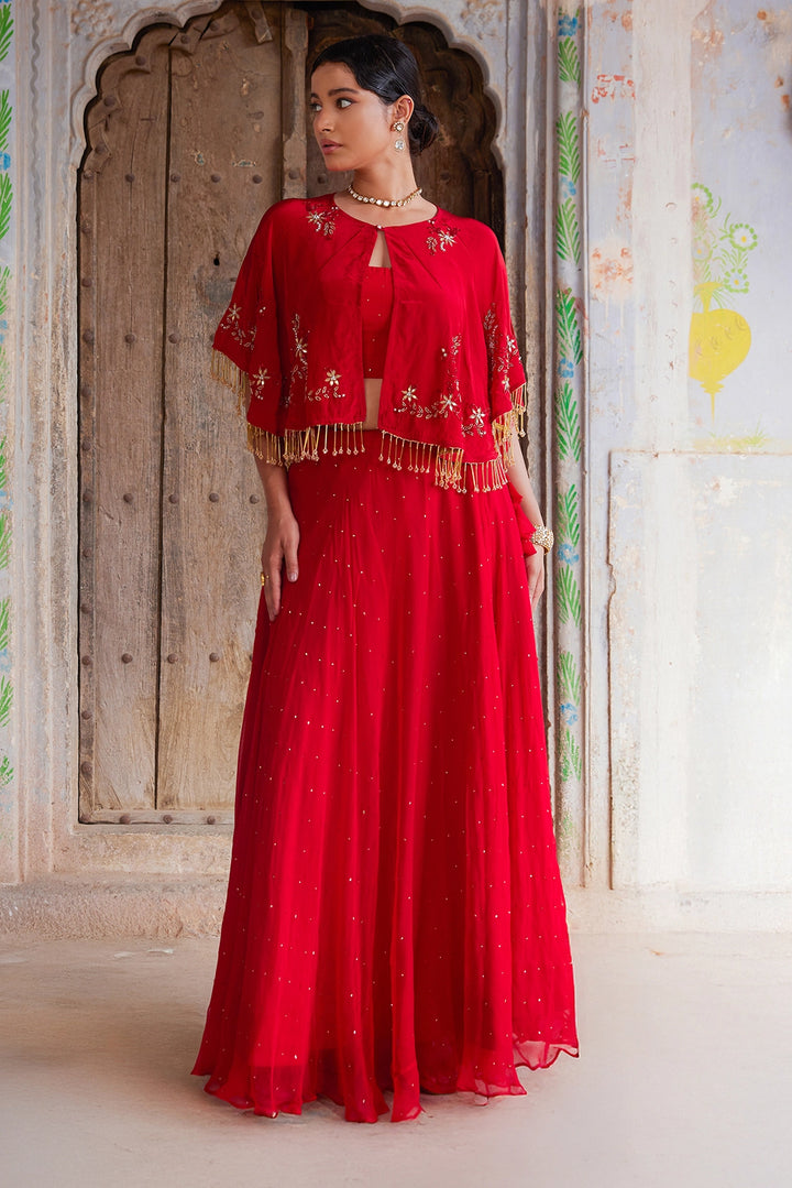 Red Chiffon Mukaish Lehenga with White Hand Embroidered Cape