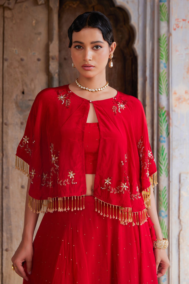 Red Chiffon Mukaish Lehenga with White Hand Embroidered Cape