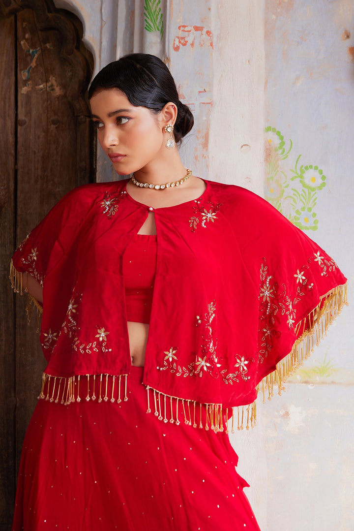 Red Chiffon Mukaish Lehenga with White Hand Embroidered Cape