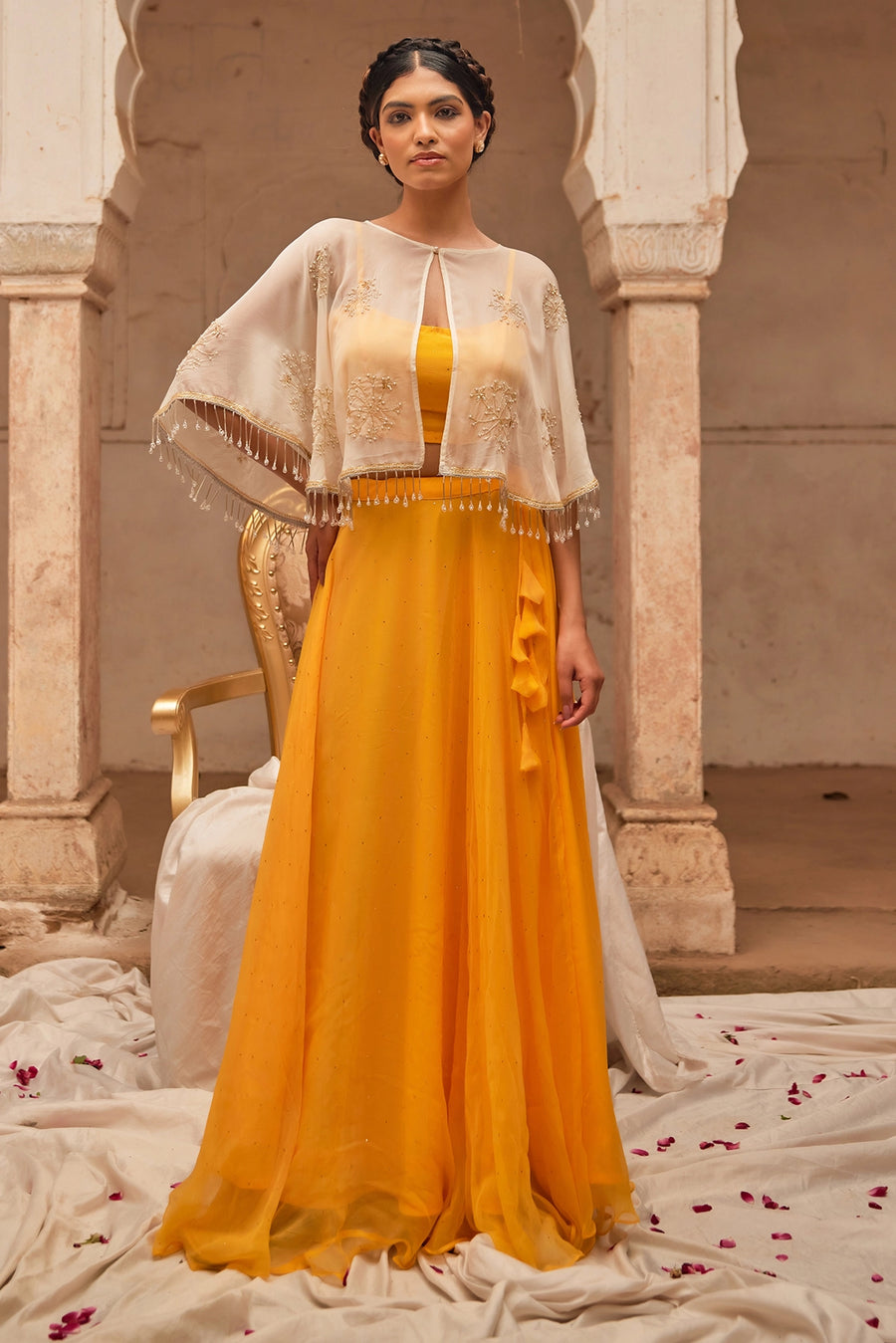 Yellow Chiffon Mukaish Lehenga Set With White Hand Embroidered Cape