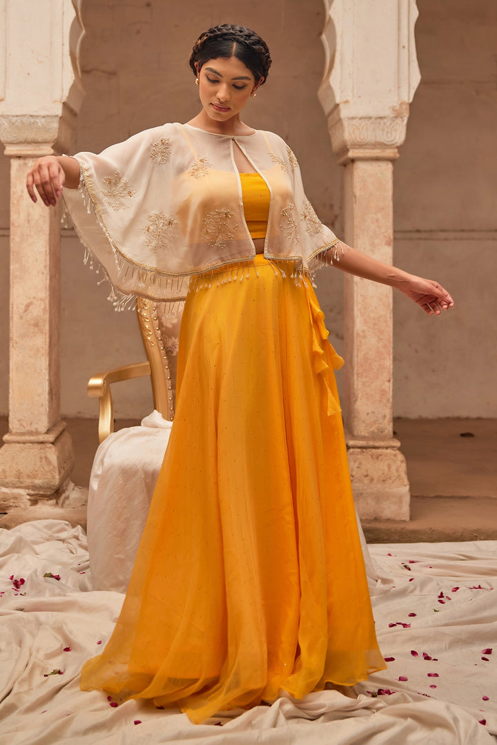 Yellow Chiffon Mukaish Lehenga with White Hand Embroidered Cape