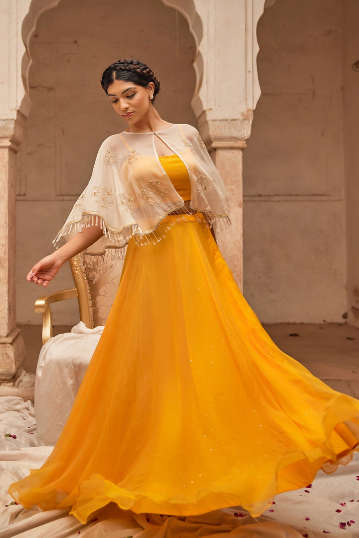 Yellow Chiffon Mukaish Lehenga with White Hand Embroidered Cape
