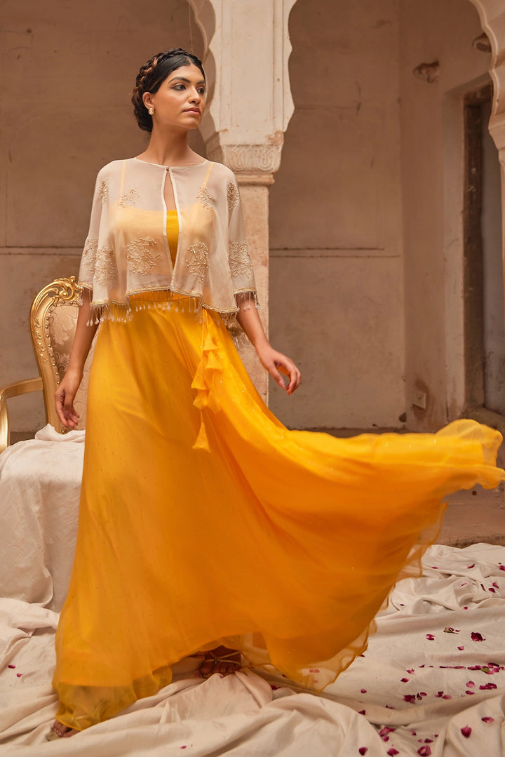 Yellow Chiffon Mukaish Lehenga with White Hand Embroidered Cape