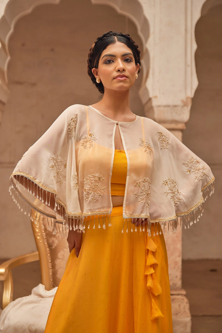 Yellow Chiffon Mukaish Lehenga with White Hand Embroidered Cape