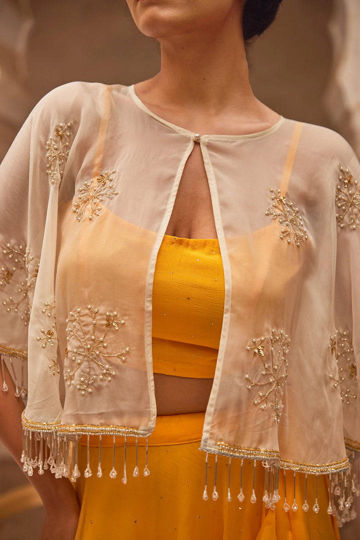 Yellow Chiffon Mukaish Lehenga with White Hand Embroidered Cape