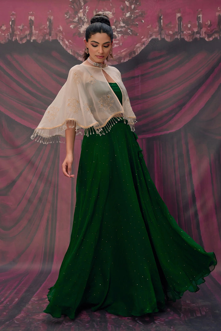 Green Chiffon Mukaish Lehenga with White Hand Embroidered Cape