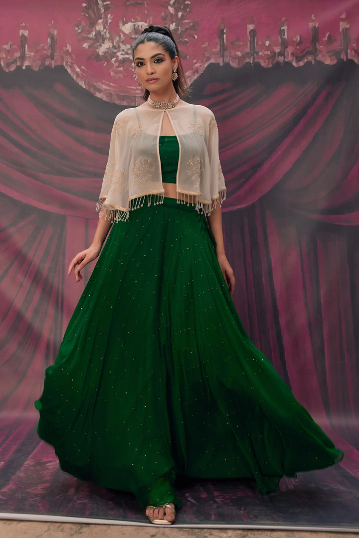 Green Chiffon Mukaish Lehenga with White Hand Embroidered Cape