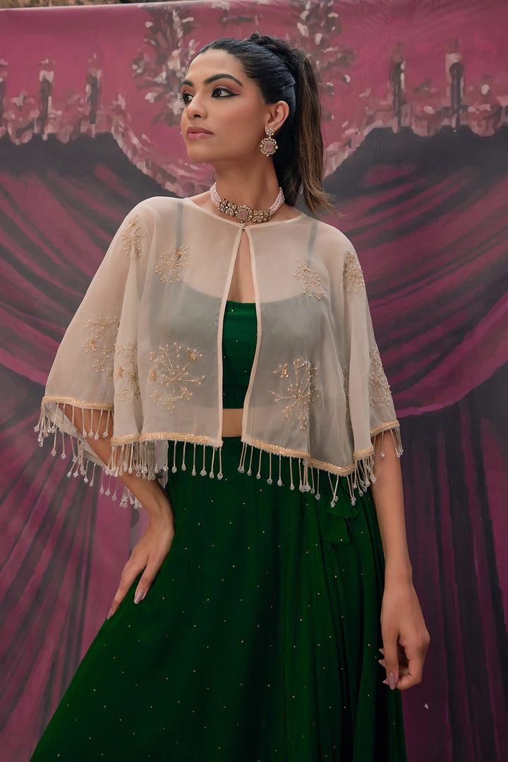 Green Chiffon Mukaish Lehenga with White Hand Embroidered Cape