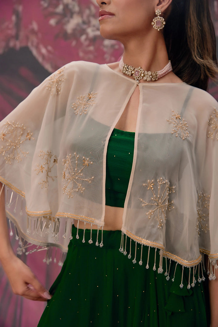 Green Chiffon Mukaish Lehenga with White Hand Embroidered Cape