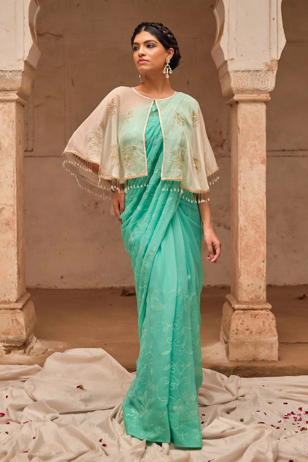 Aqua Hand Embroidered Pure Chiffon Saree Set with Off White Cape