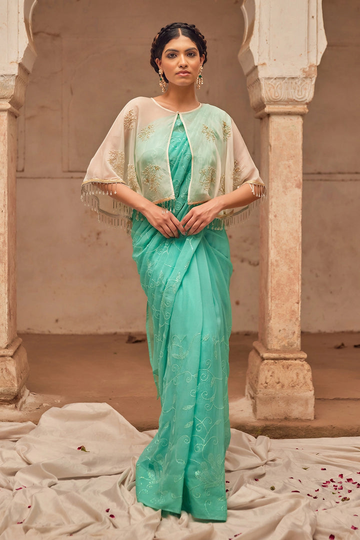 Aqua Hand Embroidered Pure Chiffon Saree Set with Off White Cape