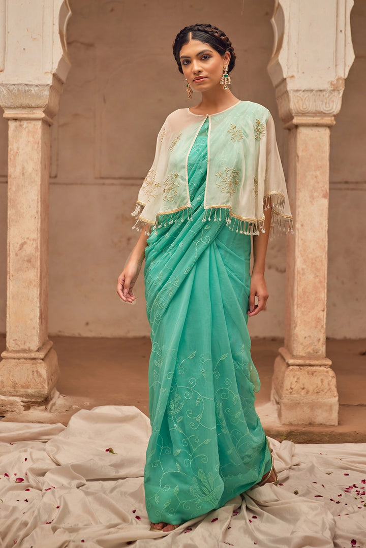 Aqua Hand Embroidered Pure Chiffon Saree Set with Off White Cape
