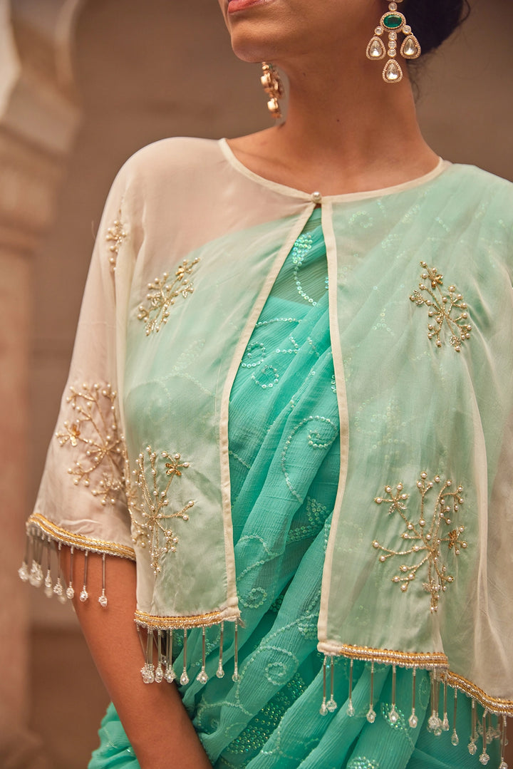 Aqua Hand Embroidered Pure Chiffon Saree Set with Off White Cape