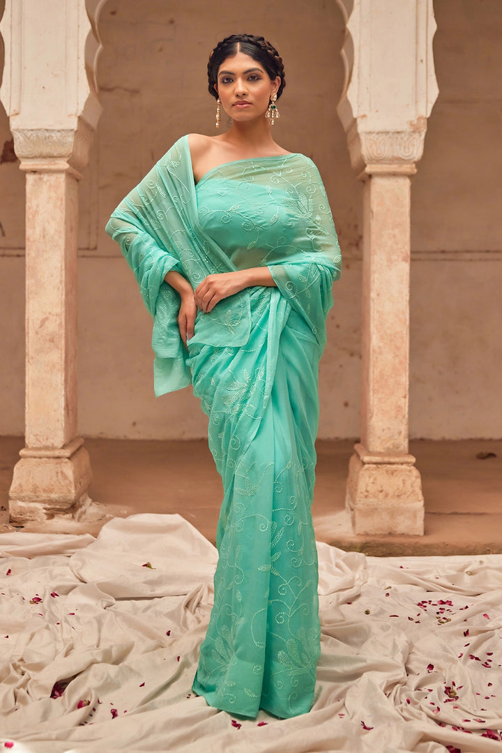 Aqua Hand Embroidered Pure Chiffon Saree Set with Off White Cape