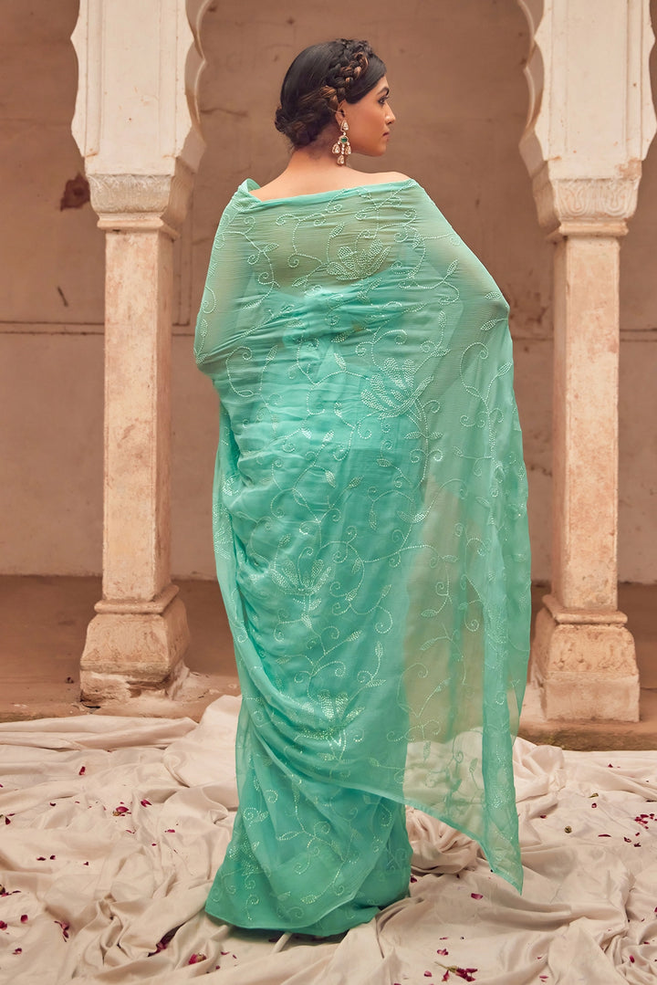 Aqua Hand Embroidered Pure Chiffon Saree Set with Off White Cape