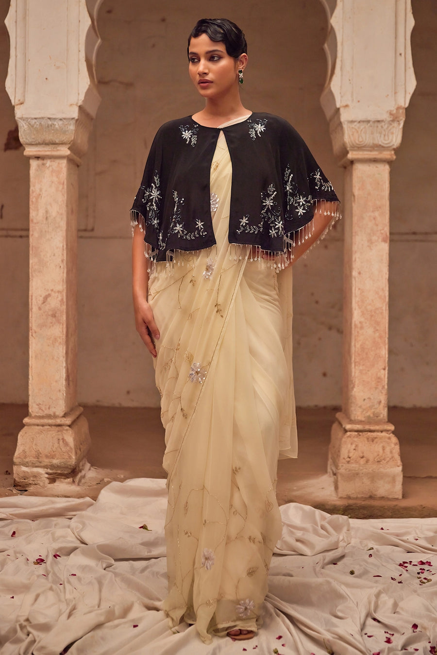 Off White Hand Embroidered  Chiffon Saree Set With Black Silk Cape