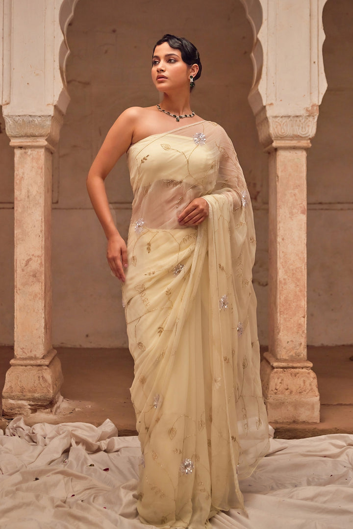 Off White Hand Embroidered  Chiffon Saree Set with Black Silk Cape