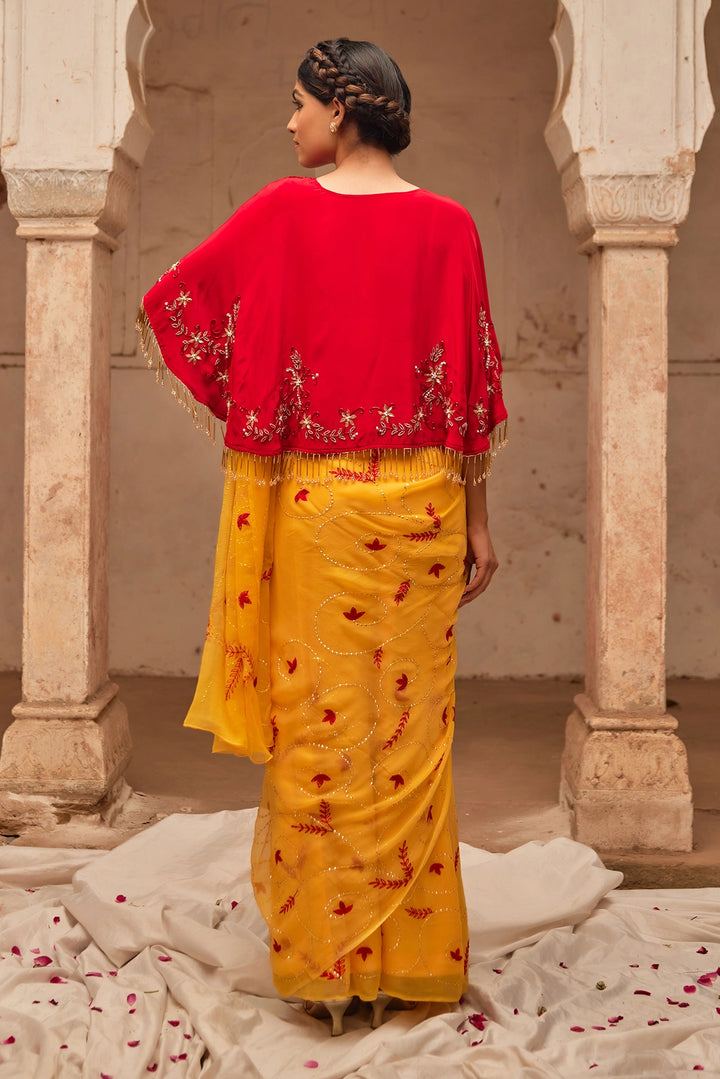 Yellow Hand Embroidered  Chiffon Saree Set with Red Embroidered Cape