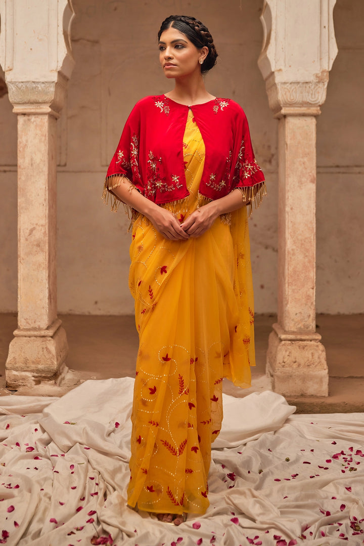 Yellow Hand Embroidered  Chiffon Saree Set with Red Embroidered Cape