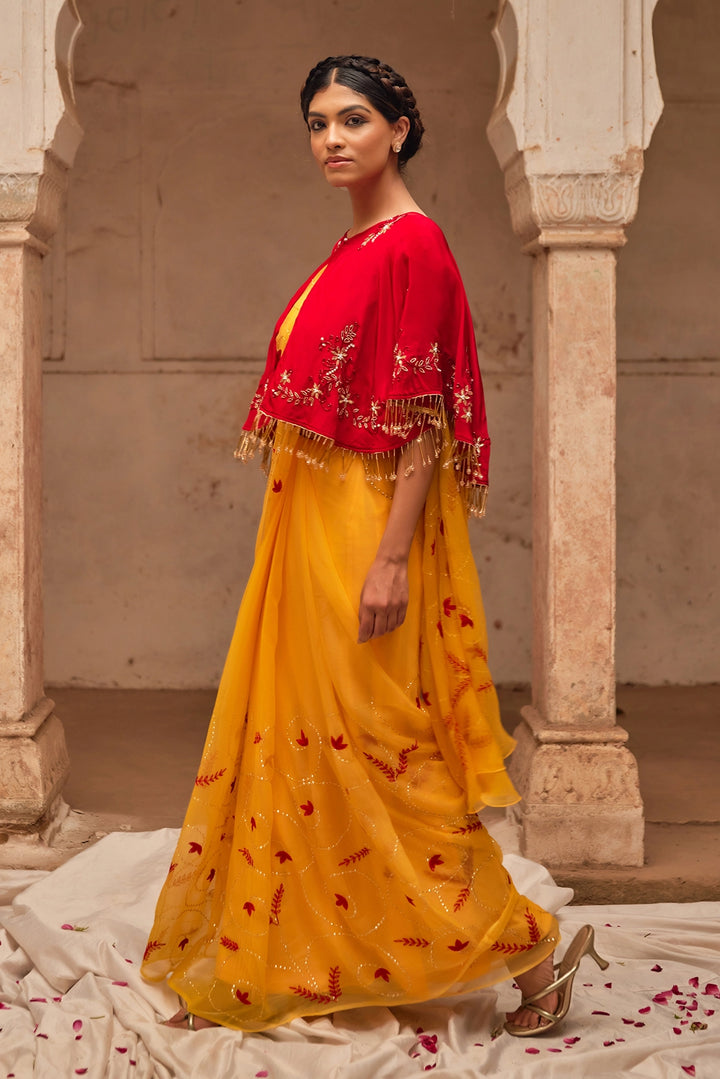 Yellow Hand Embroidered  Chiffon Saree Set with Red Embroidered Cape