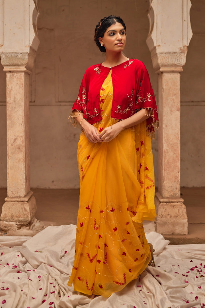 Yellow Hand Embroidered  Chiffon Saree Set with Red Embroidered Cape