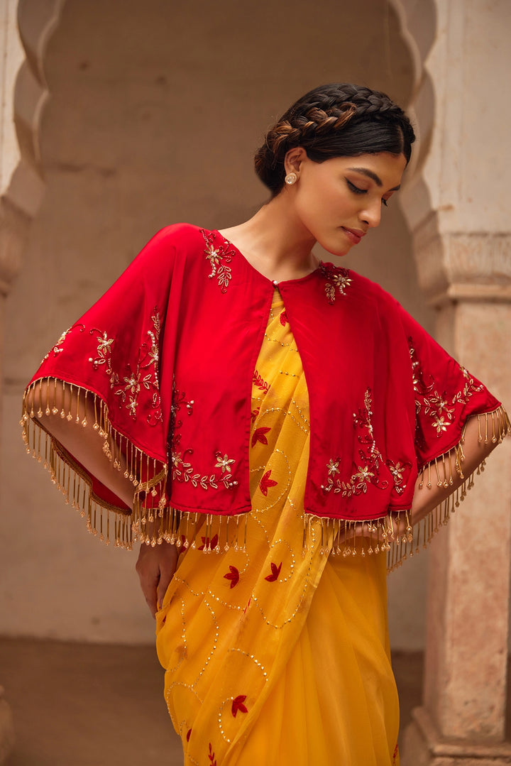 Yellow Hand Embroidered  Chiffon Saree Set with Red Embroidered Cape