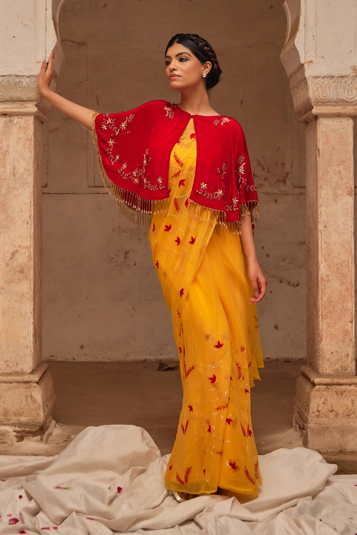 Yellow Hand Embroidered  Chiffon Saree Set with Red Embroidered Cape
