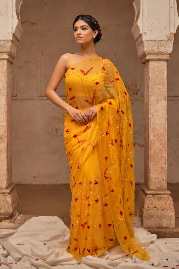 Yellow Hand Embroidered  Chiffon Saree Set with Red Embroidered Cape