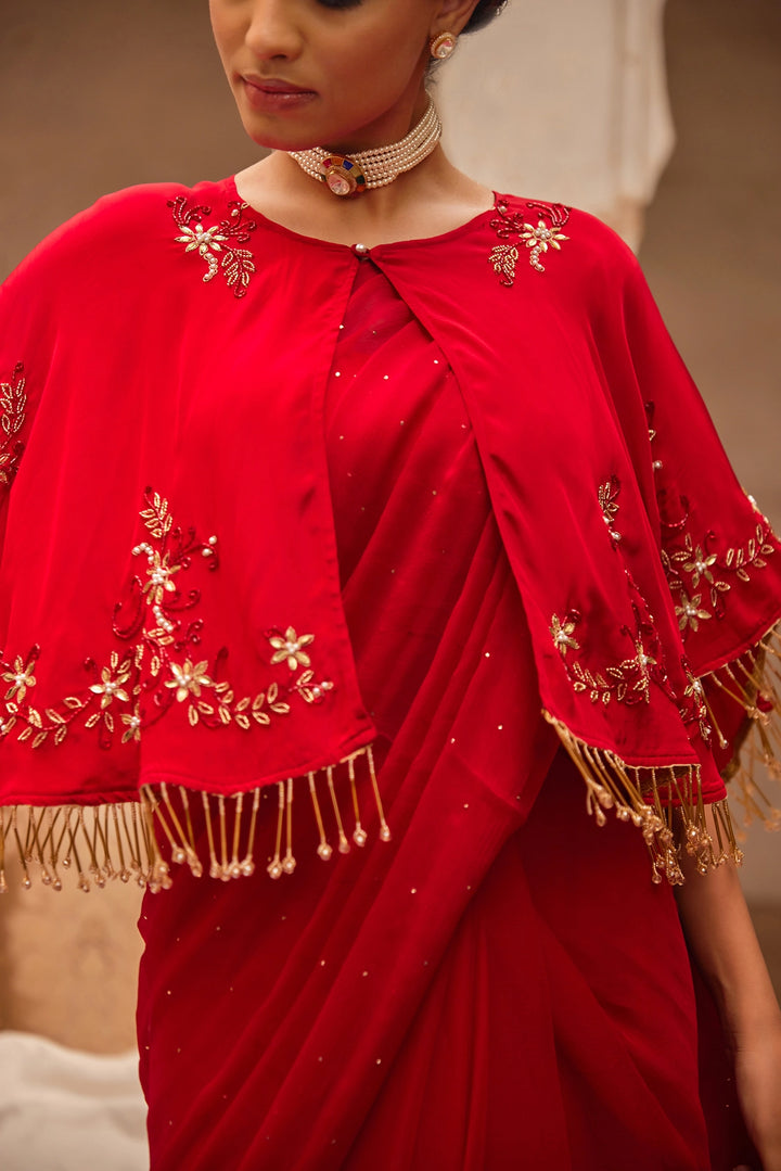 Red Mukaish Saree Set with Embroidered Silk Cape