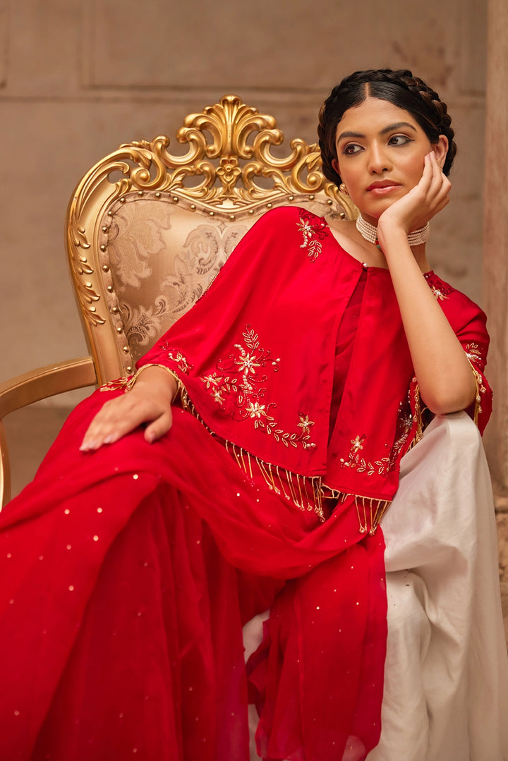 Red Mukaish Saree Set with Embroidered Silk Cape